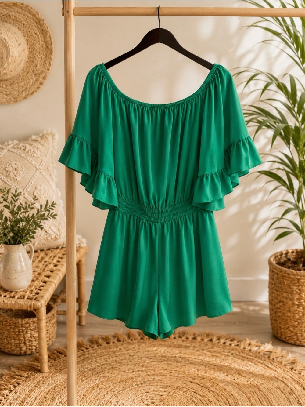 Sea Shell Kelly Green Off Shoulder Romper Ruffle Sleeve Boho Sz L P2P 22’